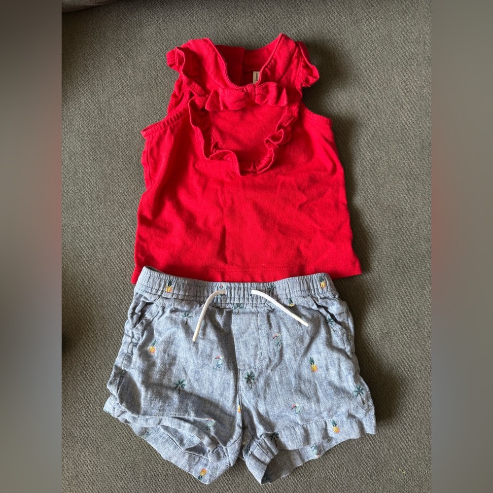 Janie and Jack Vibrant Red Top and Pineapple Short 12-18 months